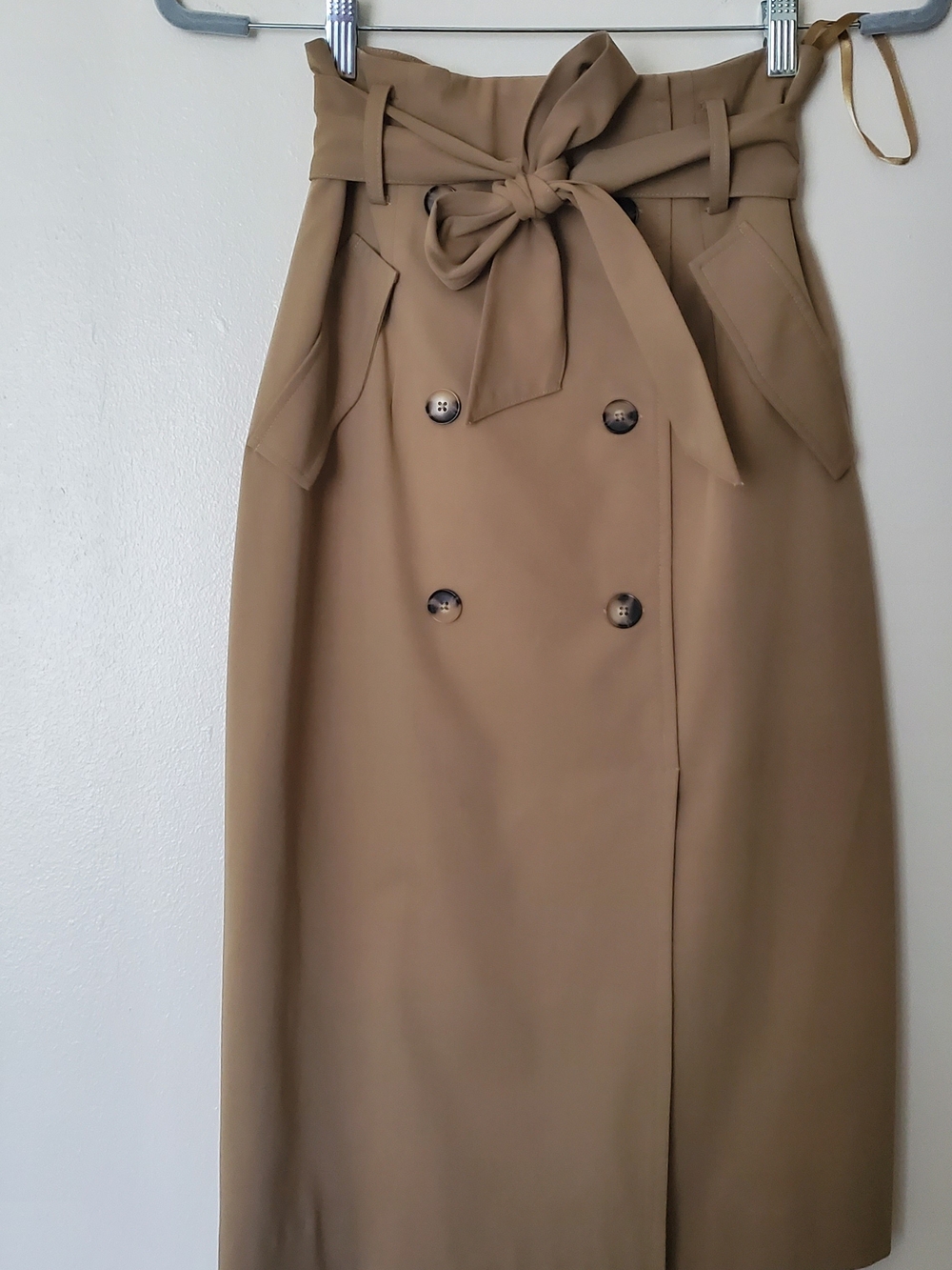 High-Waist Tie-Belt Midi Skirt in Tan